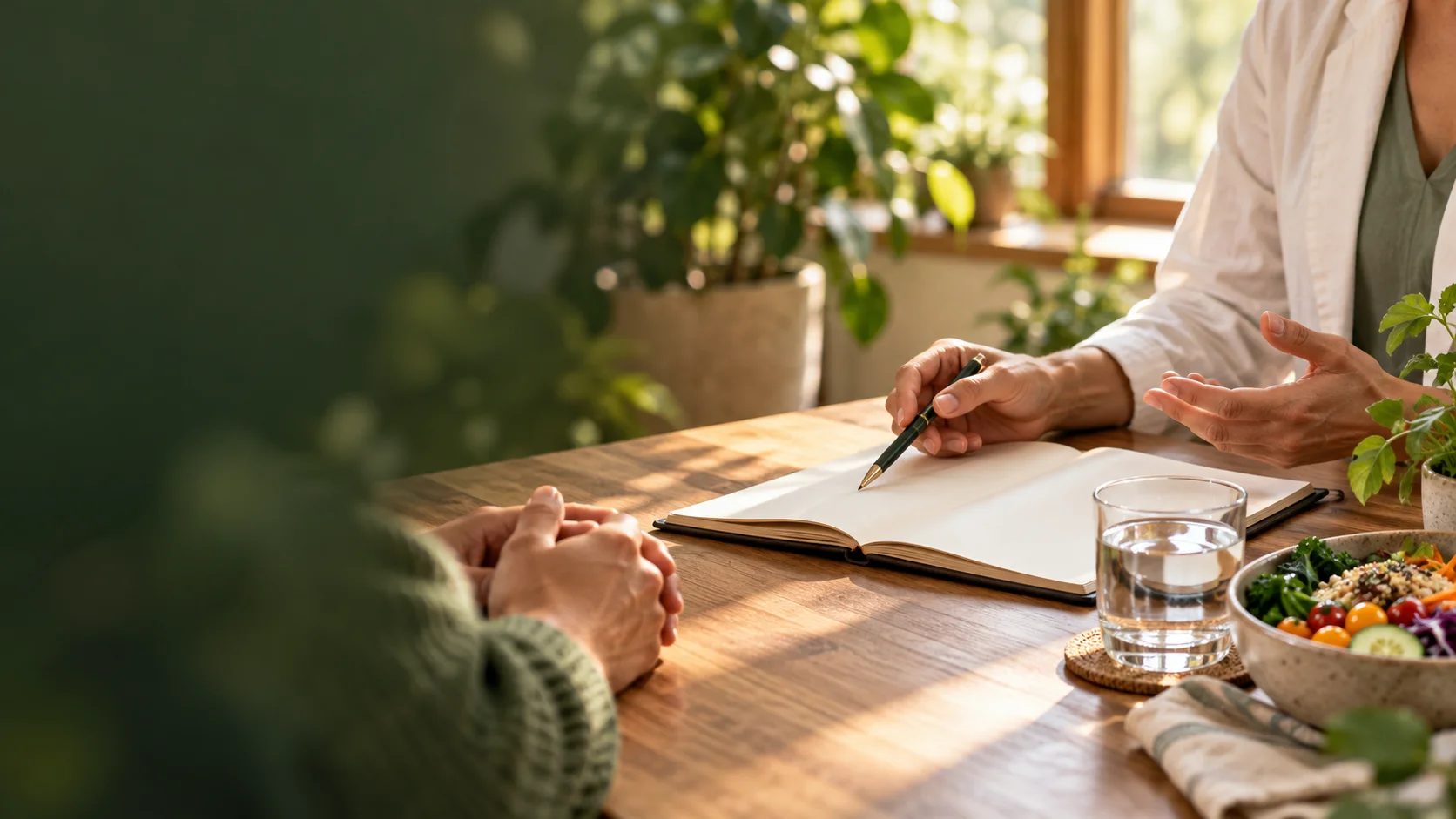 Illustrative consultation scene with a notebook, glass of water and colorful whole foods.