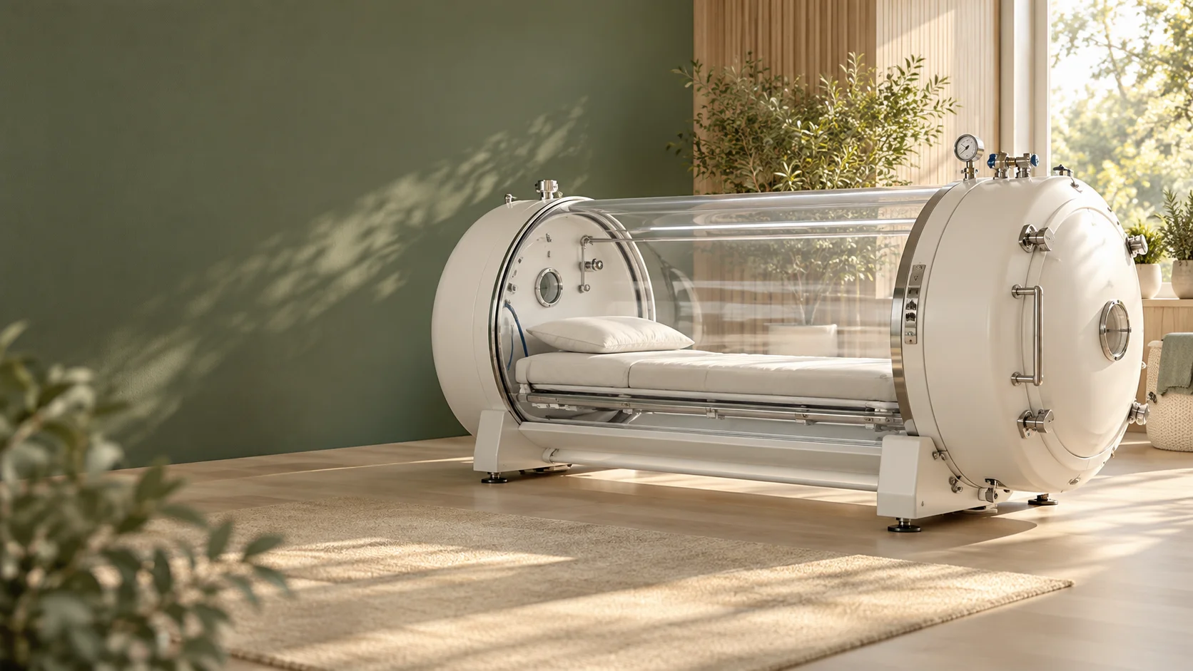 Conceptual illustration of an empty cylindrical hyperbaric chamber with a clear central tube.