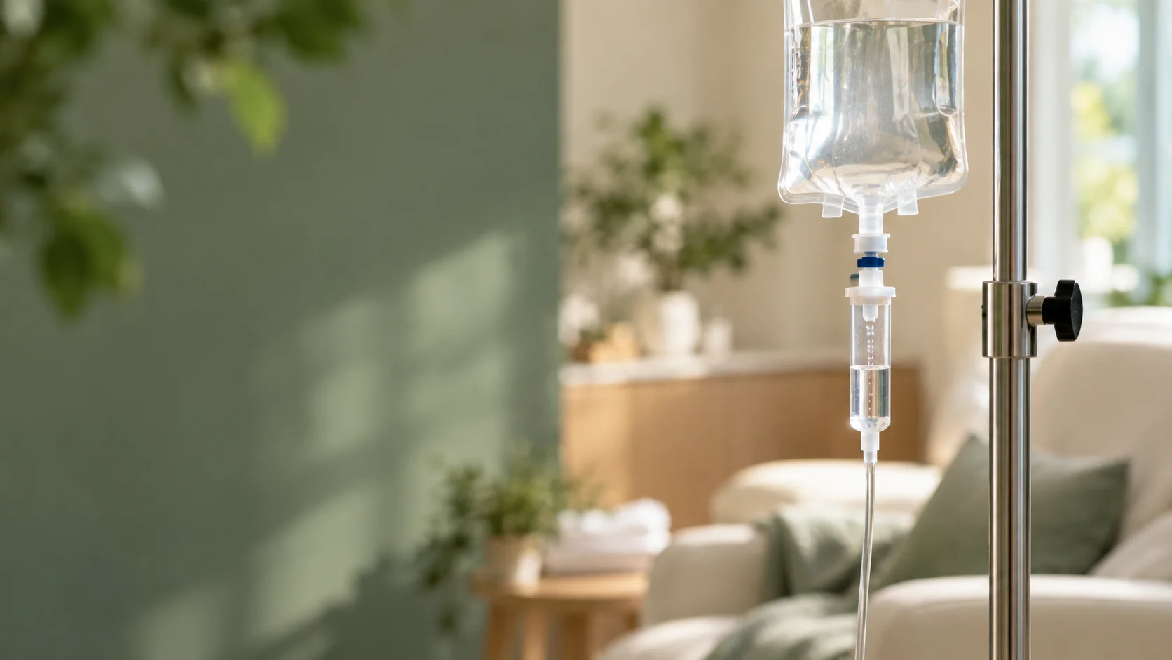 Editorial image of a clear IV fluid bag and drip chamber in a softly lit treatment setting.