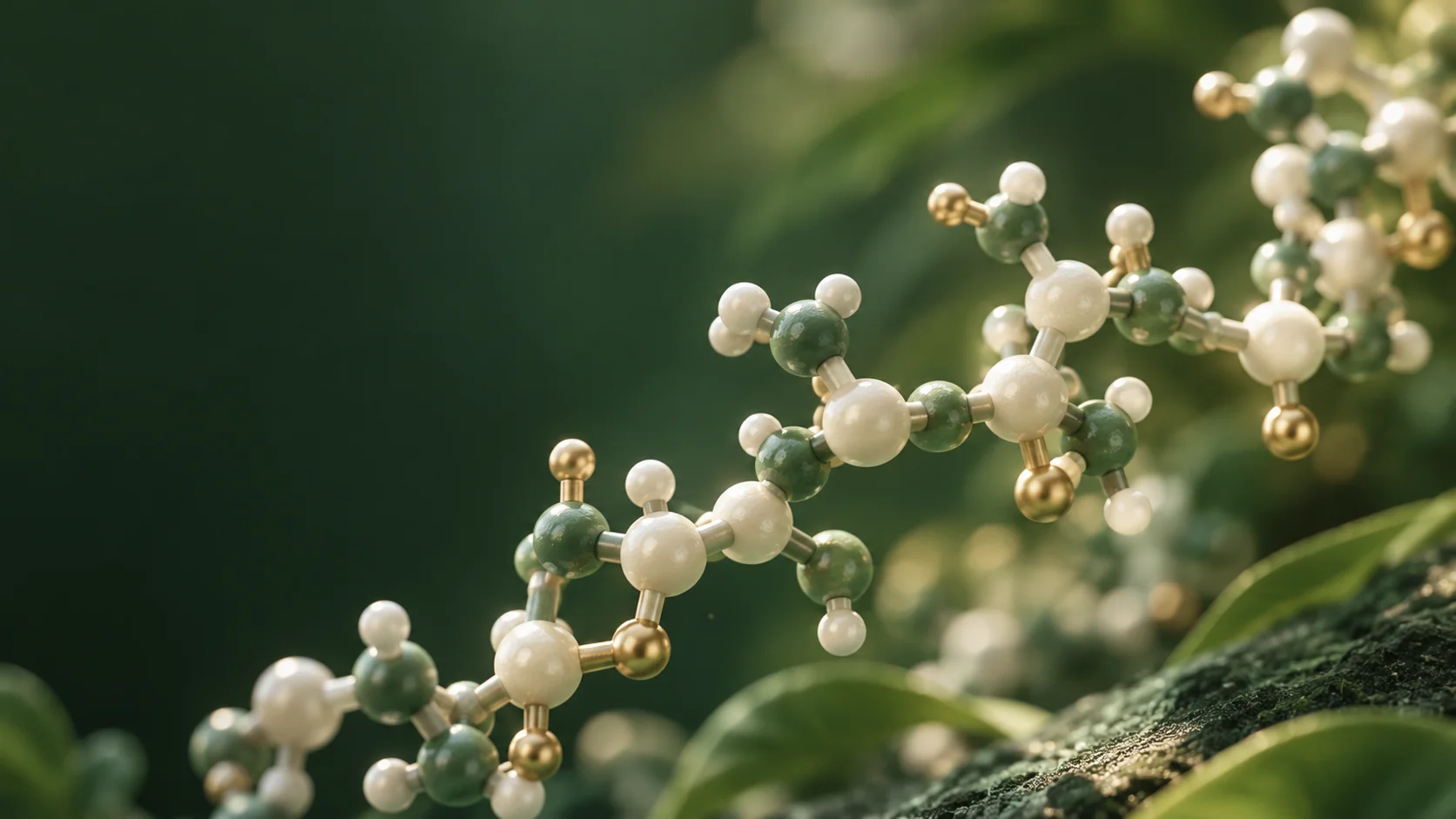 Conceptual ball-and-stick illustration of a short molecular chain in sage and ivory.