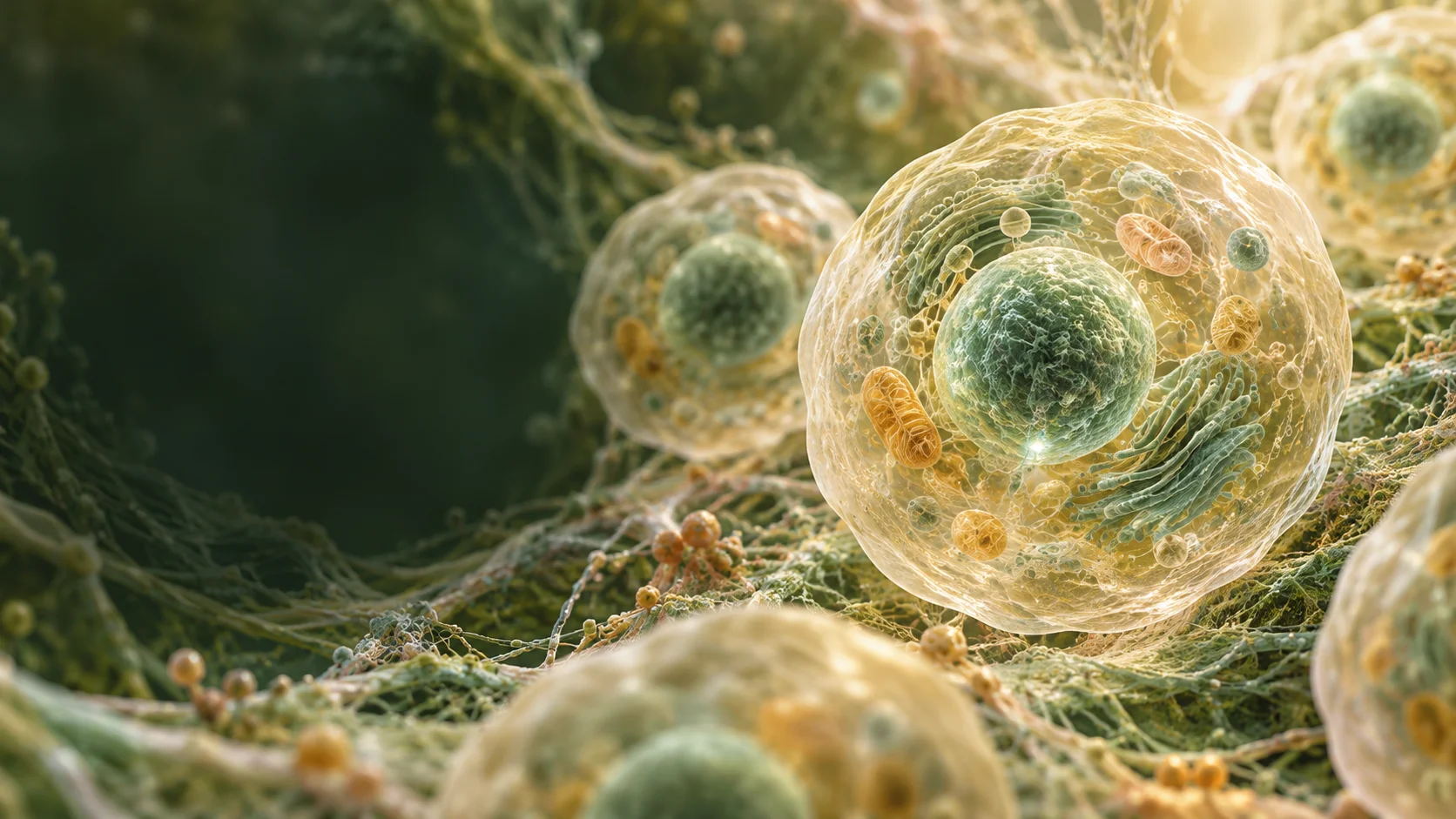 Conceptual scientific illustration of cells with translucent membranes, nuclei and internal structures.